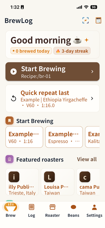 BrewLog main screen